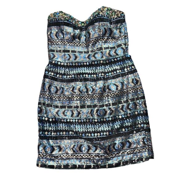 Precious Formals Sequin Mini Dress Sparkle Size 4 Blue Green Black Chunky Stones - Picture 1 of 10
